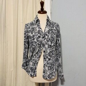 EXPRESS The Portofino Shirt Slim Fit Black White Lace Print Button Up Blouse XS